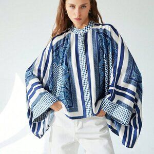 Multicolor Casual Women's Color Block Print  Cuff & Hem Design Blouse